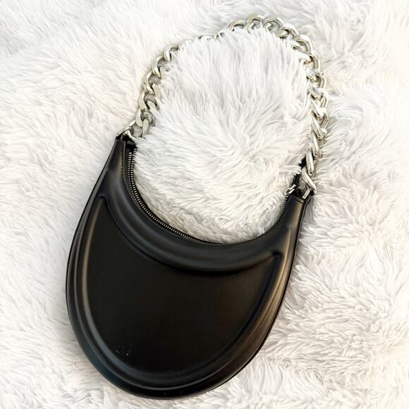 ZARA | Half Moon Chunky Chain Strap Shoulder Bag Black Purse Smooth Leather - Picture 4 of 9